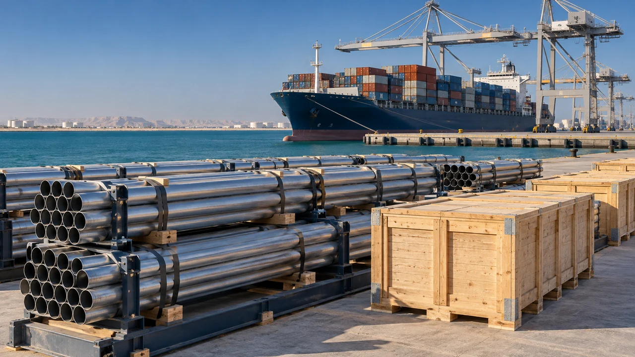Für den Export verpackte Rohre und Holzkisten an einem Hafen